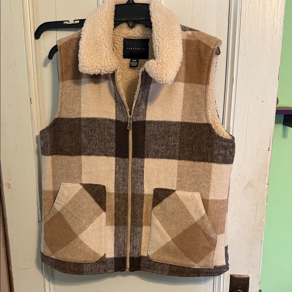 Sanctuary Plaid Sherpa-Lined Vest in Cream and Brown Medium like new